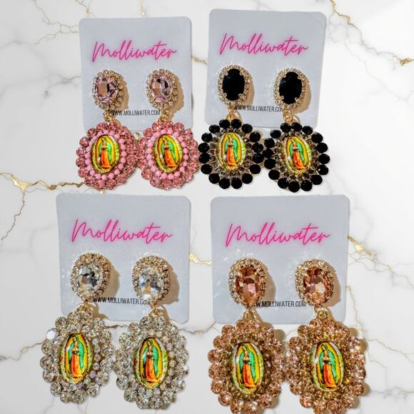 New Beautiful Virgin Mary Rhinestone Black Dangle Earrings Virgen de Guadalupe‎ - Picture 2 of 3